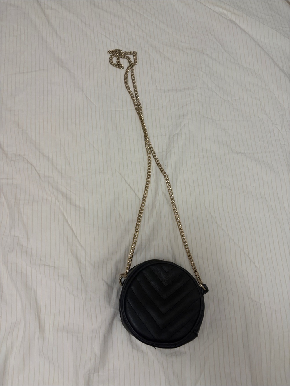 Black Quilted Round Crossbody Bag with Gold Chain